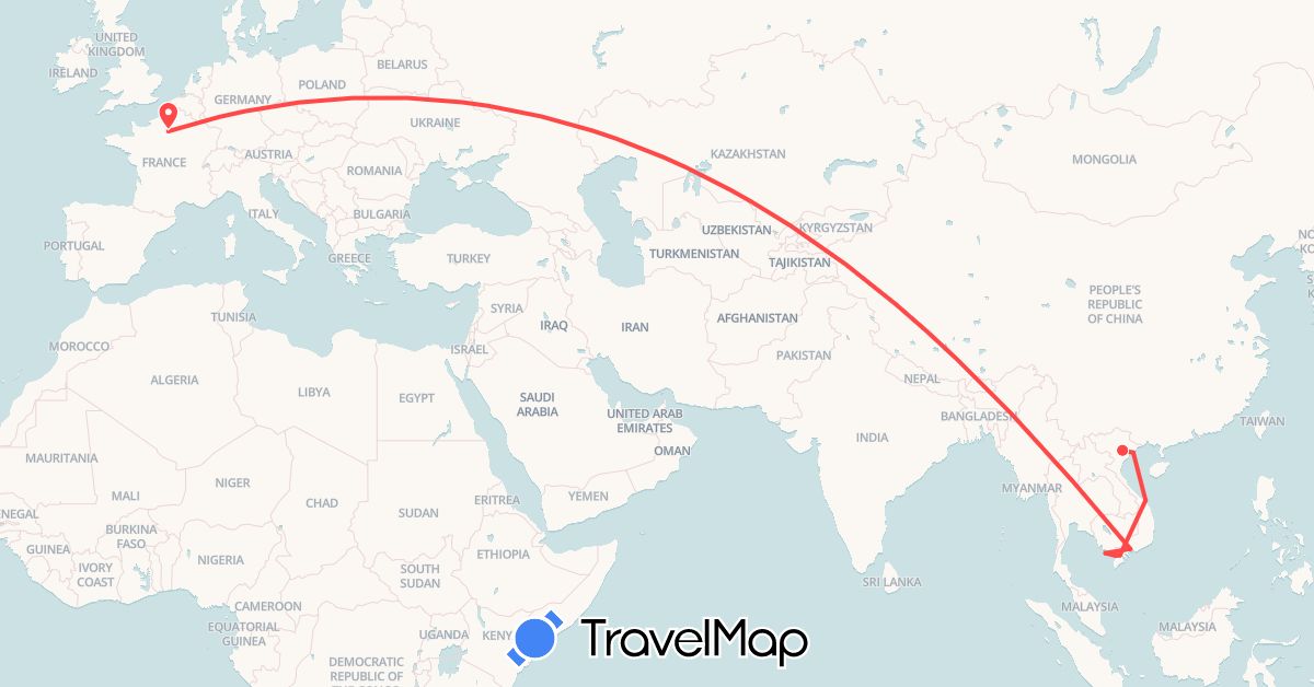 TravelMap itinerary: driving, hiking in France, Vietnam (Asia, Europe)